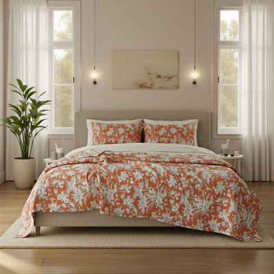 Cotton Voile Floral Bed Cover With Hand-Embroidered Kantha Stitching And 2 Standard Shams