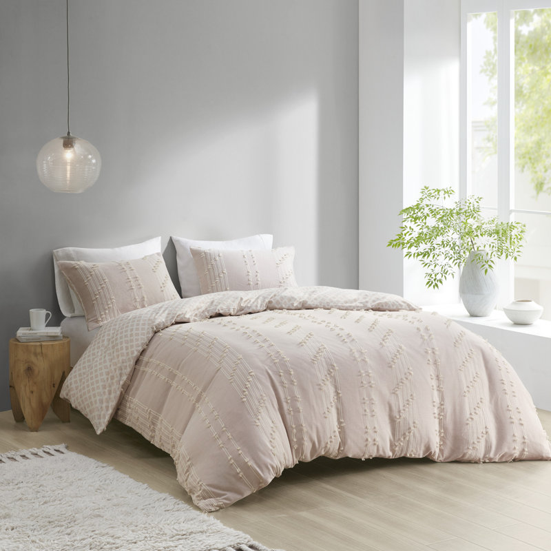 3 Piece Cotton Jacquard Bedding Set, Gray, King/Cal. King Duvet Cover + 2 King Shams
