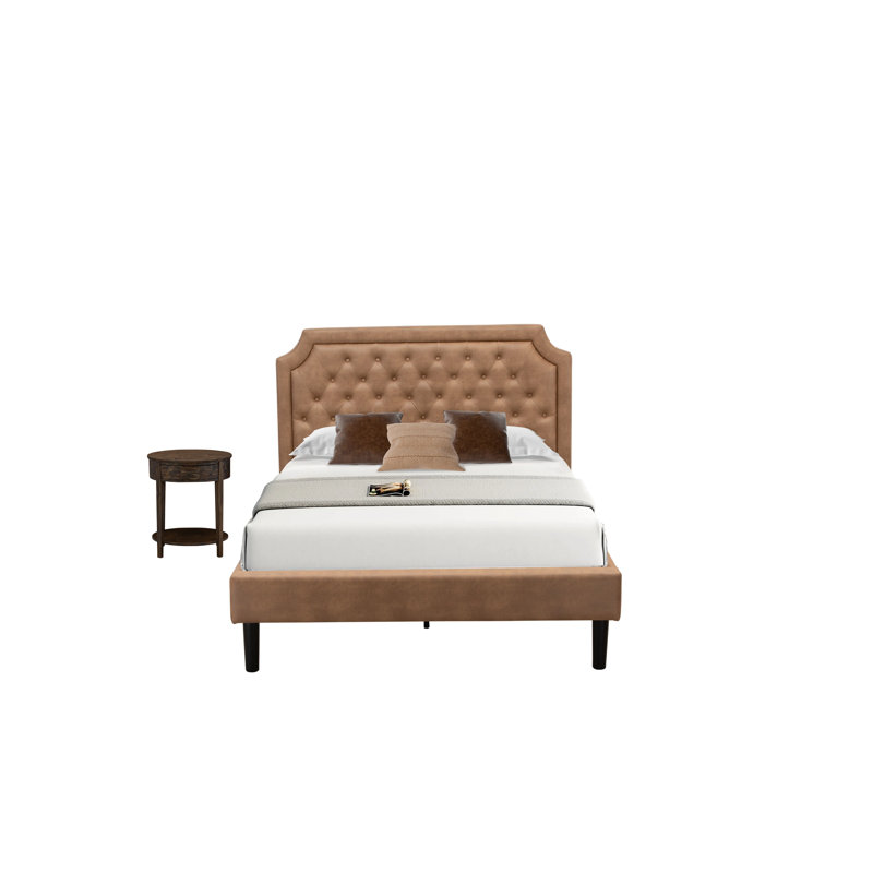Ensemble de meubles de chambre à coucher 2 pièces Granbury avec lit double capitonné à boutons et petite table de bout Jacobean vieillie