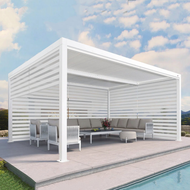 Pergola en aluminium avec abat-jour à enroulement, 1 côté long et 2 côtés courts, 14 pi x 12 pi, Gris