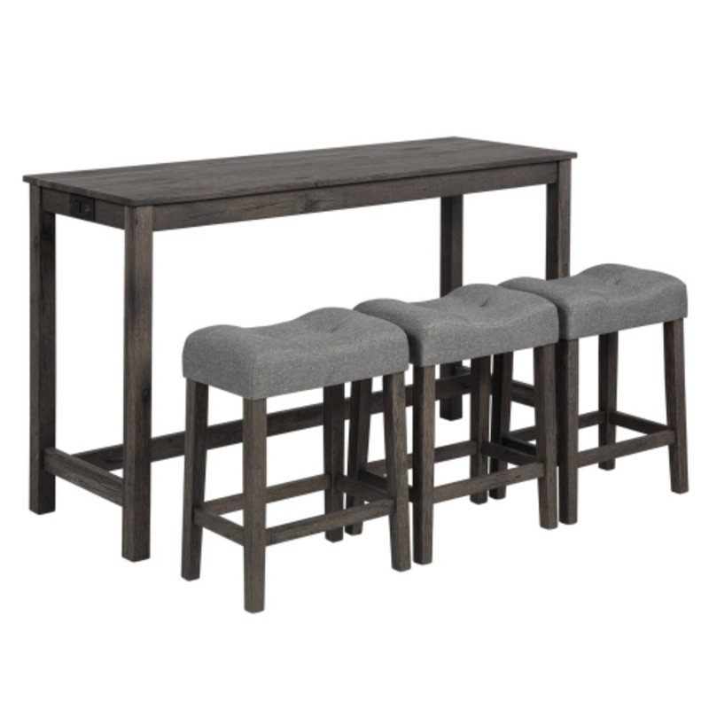 Streamlined Dark Grey 4-Piece Bar Table Set, 3 Padded Stools With Power Outlet For Den Living Room Home Bar, Dark Grey