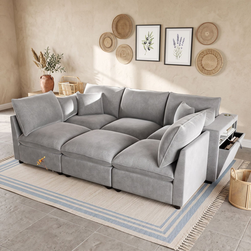 Canapé modulaire avec repose-pieds mobile, accoudoirs de rangement et ports USB, Gris