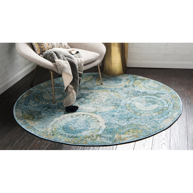 Folmar Oriental Indoor Rug, Round 8', Green/Light Blue