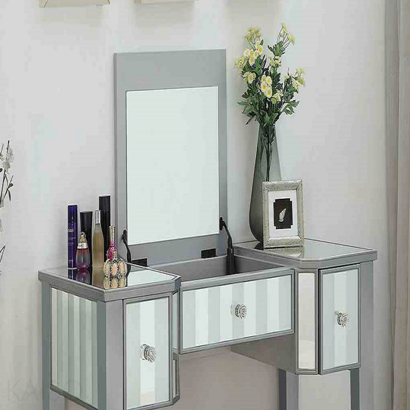 Transitional Style  1pc Vanity W/ Stool Set Core Design Storage Drawers Central Mirror Padded Stool Silver Finish Bedroom Furniture