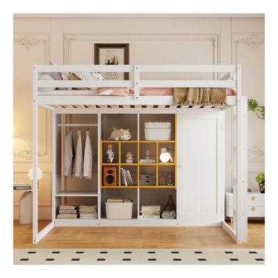 Full Size Wood Loft Bed With Wardrobe, Shelves And  Cabinet, White+Yellow
