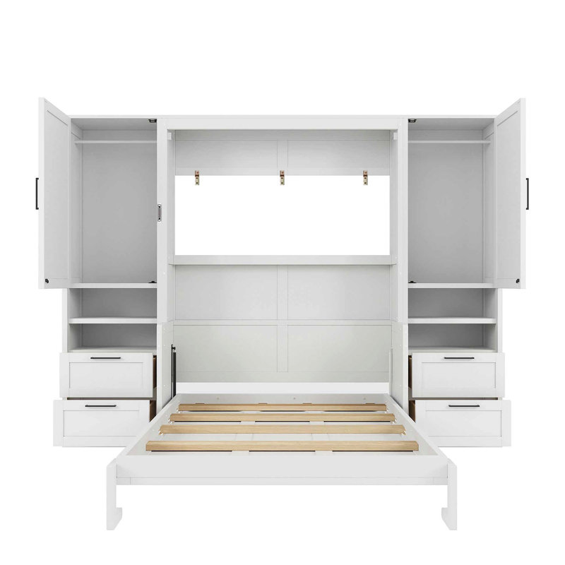 Murphy Bed Wall Bed With Closet ,Drawers And Shelves, Full, Blanc