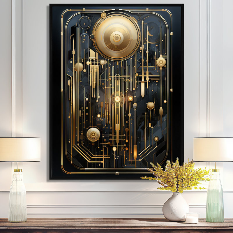 Art nouveau lune dorée - art mural paysage urbain, Toile avec cadre flottant noir, H 32 po x l 24 po x P 1 po