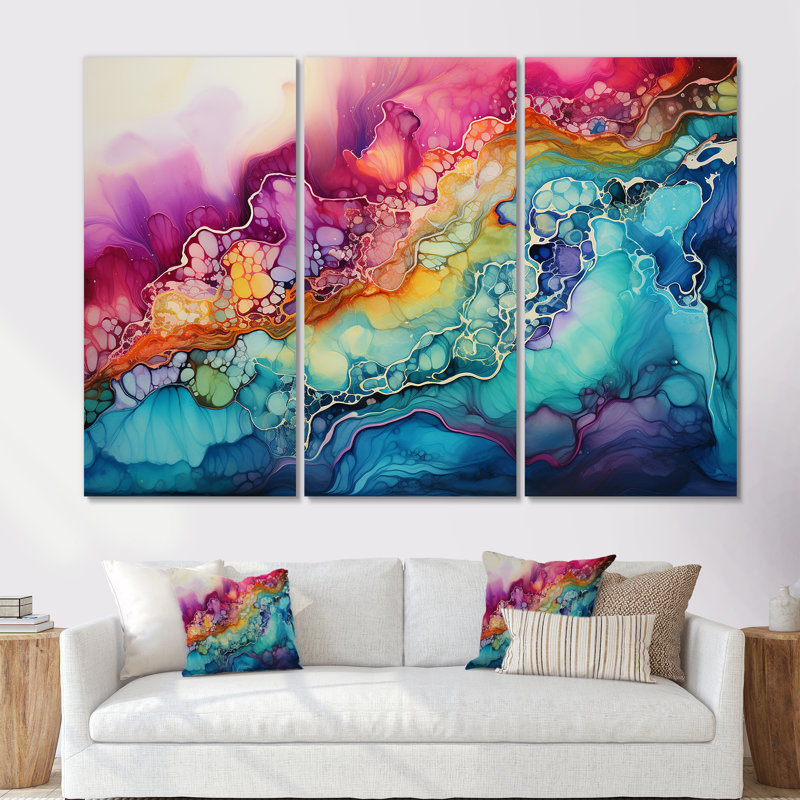 «Rainbow Teal» et «Alchohol Ink I», ensemble de toiles à formes abstraites, H 40 po x l 60 po x P 1 po, Toile tendue