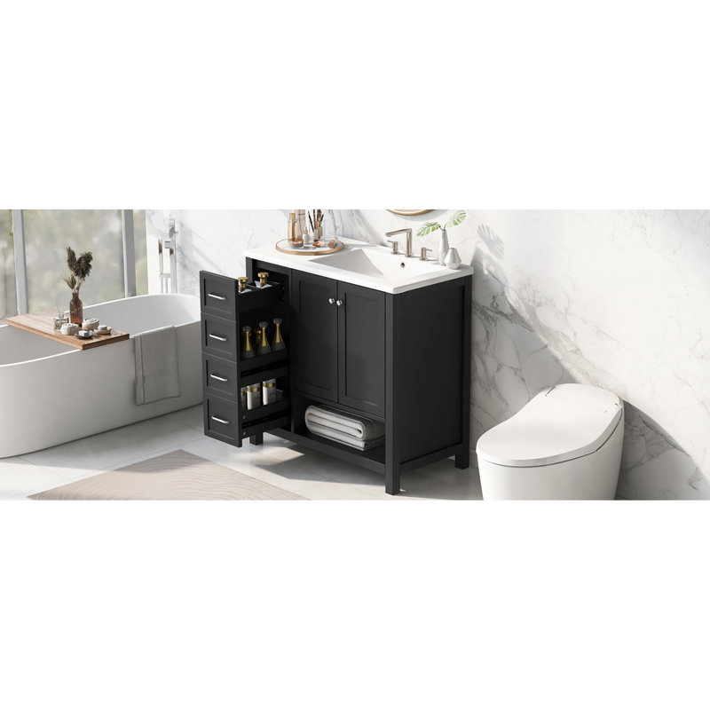 Meuble-lavabo de 36 po avec lavabo, armoire noire, deux portes et tiroirs, finition pratique en céramique hygiénique, lavabo, rangement spacieux