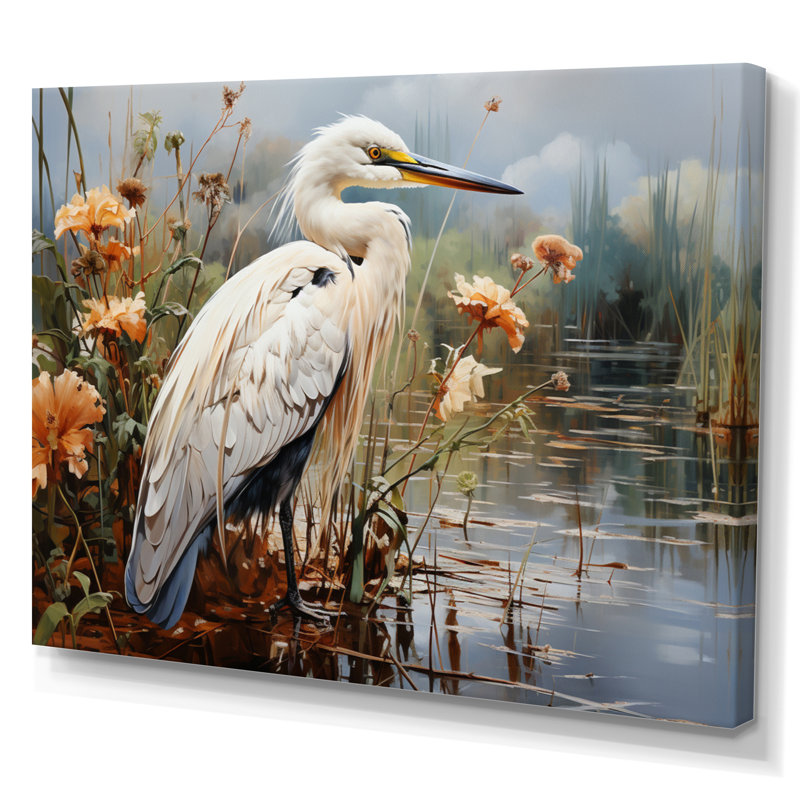 Héron pêche blanc, héron, art mural, H 30 po x l 40 po x P 1,5 po, Toile tendue