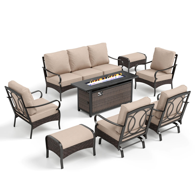 Argyri 7-Person Rocking Powder Coated Steel Outdoor Seating Group with Cushions, Yes
