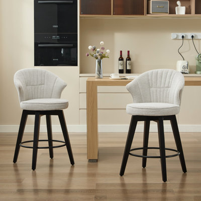 Tabourets de bar rotatifs réglables à hauteur de comptoir de 25 po (2 pièces) - Bois massif, chenille, blanc, pieds de nivellement pour îlot de cuisine, pub à domicile, salle à manger blanche avec 2 pieds en bois, revêtement en chenille, élégant