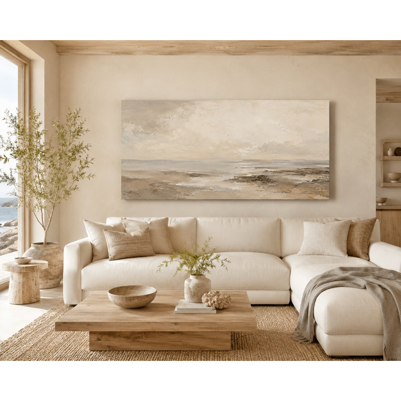 Ivoire beige paysage marin minimaliste enveloppé Ingeburg, L 55 po x H 27,5 po x P 1,5 po