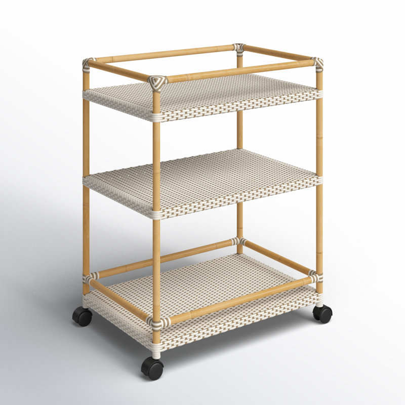 Tobias Outdoor 3- Tier Rattan and Metal Bar Cart, Beige/White