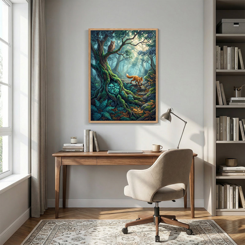 «Red Fox and Owl in Misty Forest with Glowing Mushroom», art mural sur toile, H 48 po x l 32 po