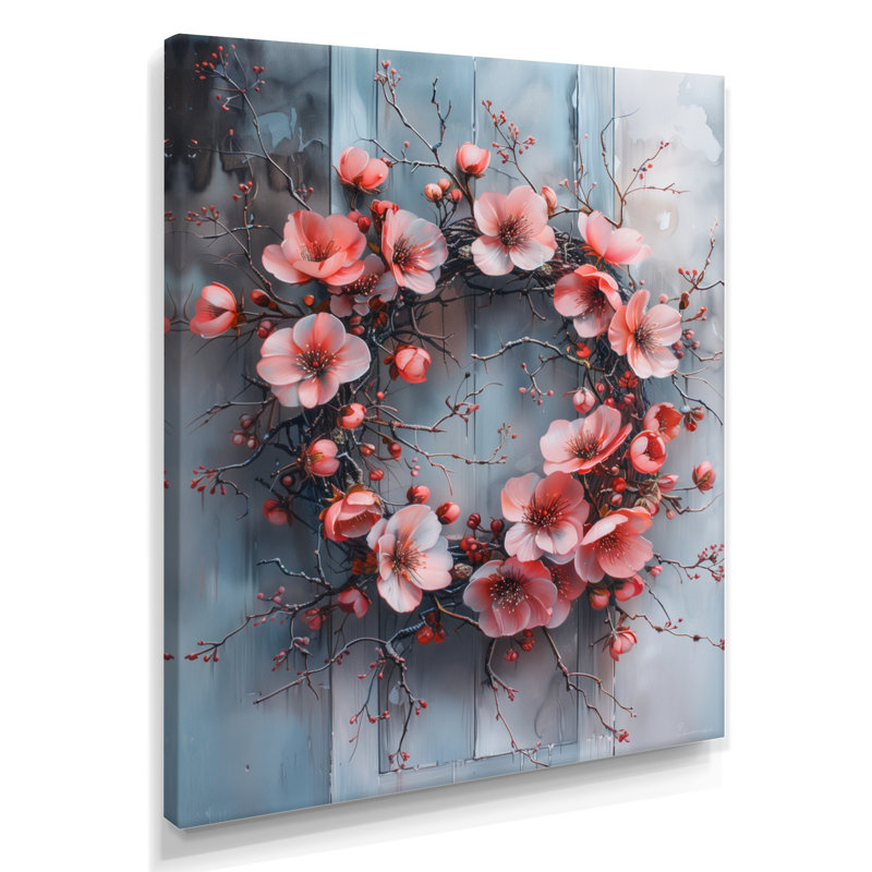 Décoration murale couronne rose et murmures roses et blanches II, Toile tendue, H 16 po x l 32 po x P 1 po