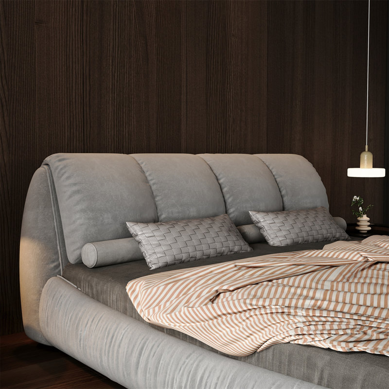 Lit plateforme tapissier surdimensionné et rembourré, Gris, Grand lit