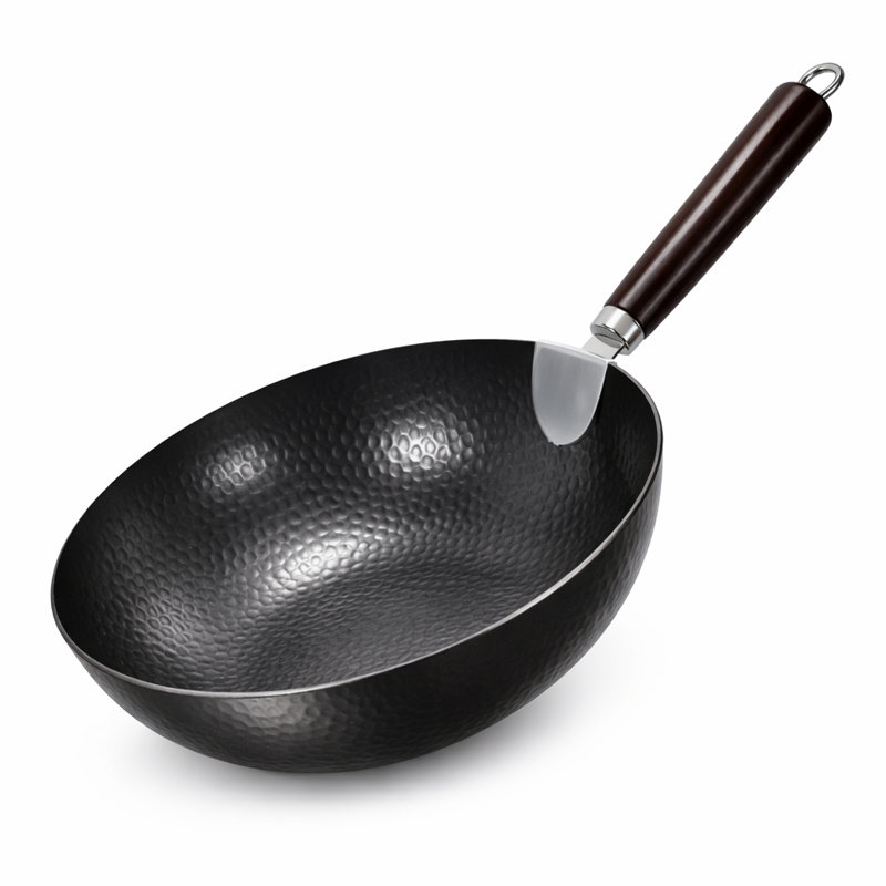 Wok noir profond en fer avec poignée en bois - 32 cm, 32