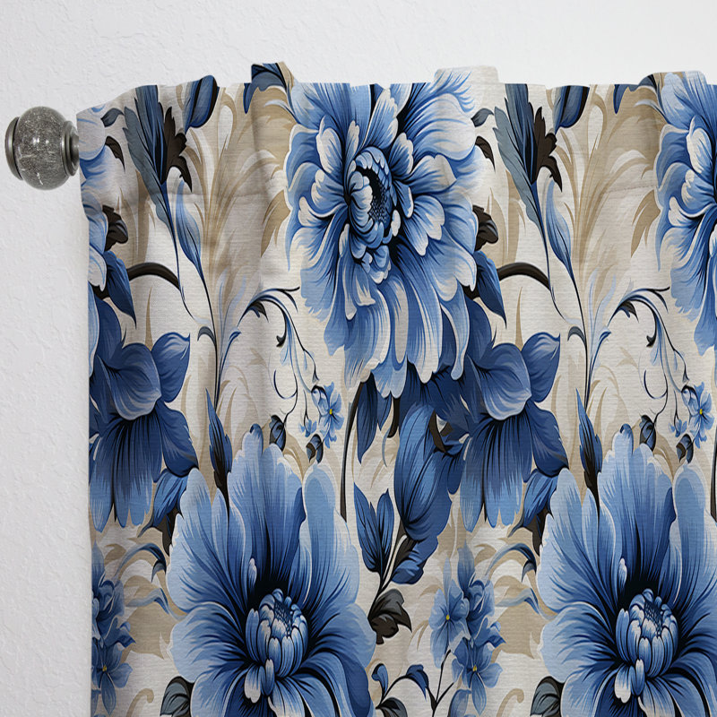 Panneaux de rideaux floraux en filigrane bleu cobalt victorien IV, L 52 po x L 84 po