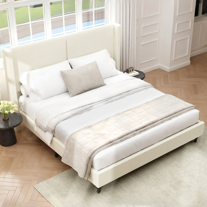 Très grande base de lit avec tête de lit tapissier à dossier haut 55,5 po, Beige, Très grand lit