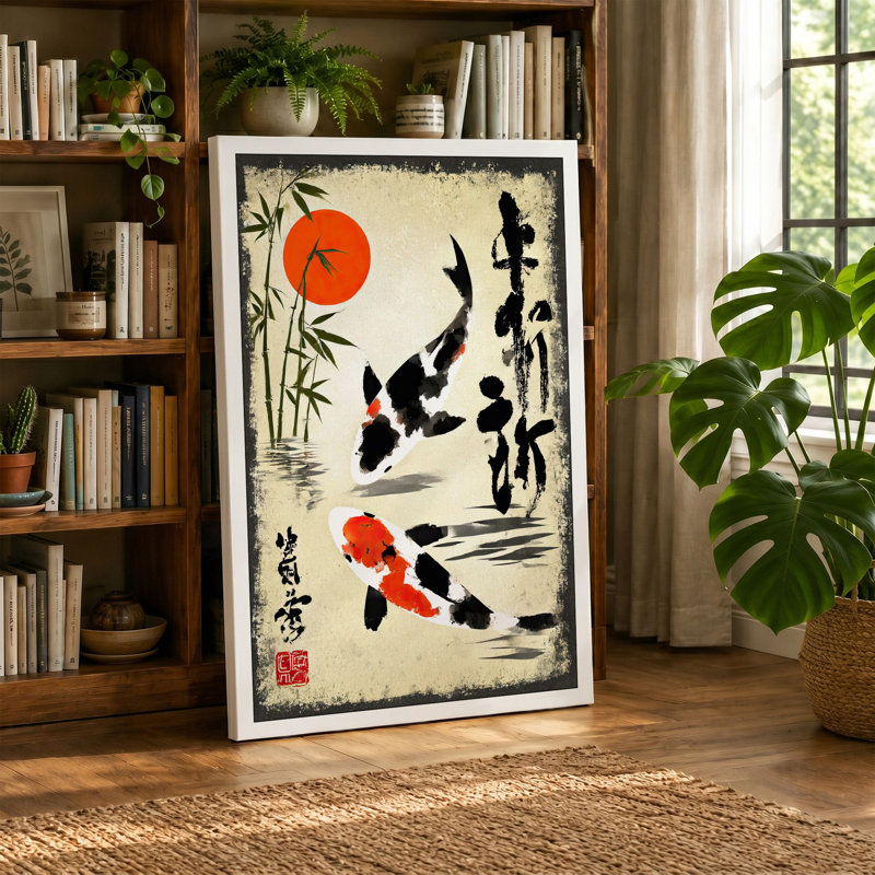 Fish Beneath The Sun Japandi - Print, 24x16 - 61.0 x 40.6 cm, Teal Border