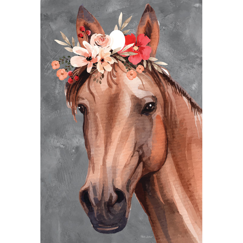 Cheval floral fantaisiste par Nicole DeCamp, H 12 po x l 8 po, Papier avec cadre photo en érable, Blanc