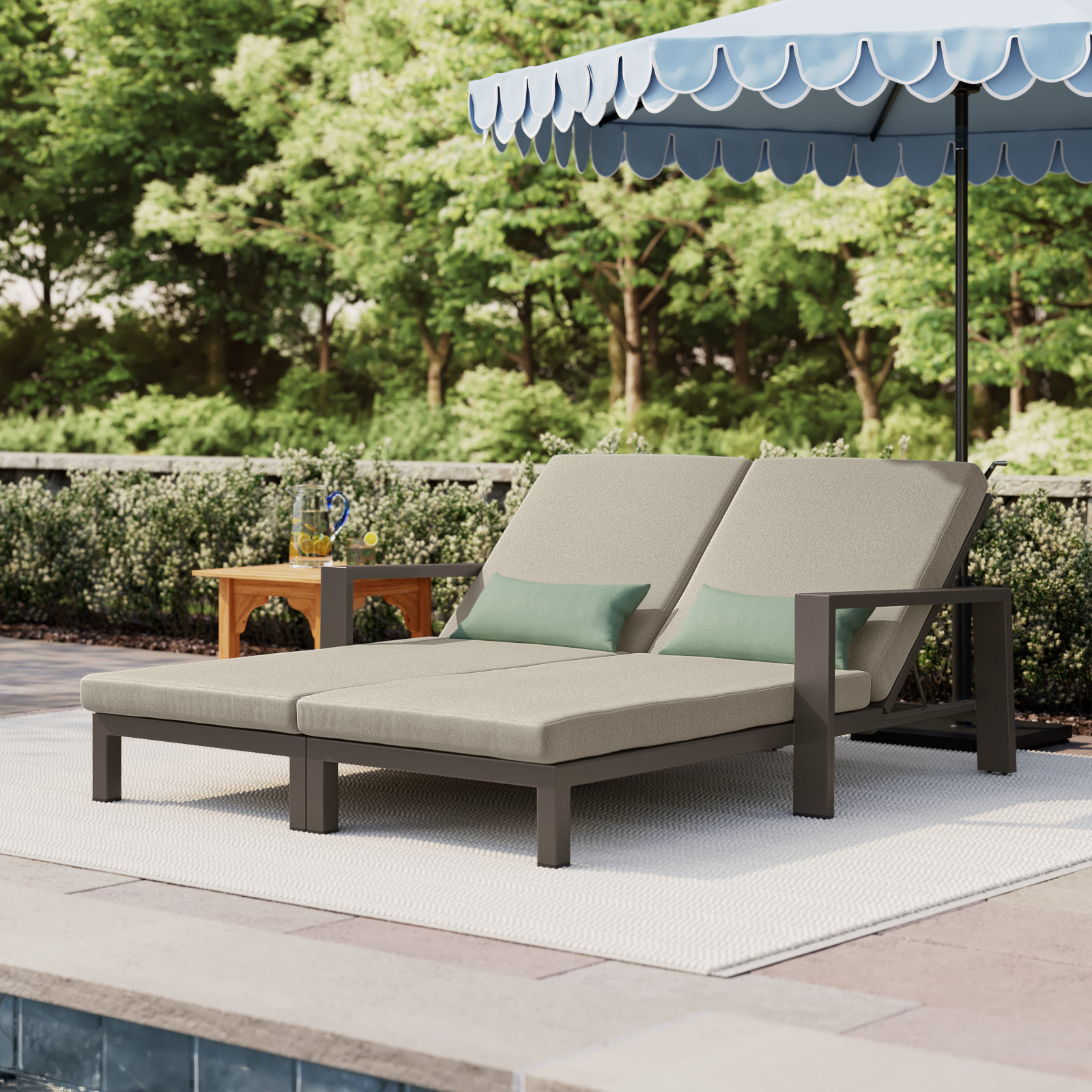 Hoyt Outdoor Metal Double Chaise Lounge, Khaki Cushion/Bronze Frame