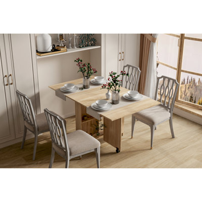 Table de salle à manger pliante avec rangement, rectangulaire, 6 sièges, design moderne, bois de peuplier, table rectangulaire facile à assembler et à ranger, 2 compartiments, sièges, assemblage moderne et simple