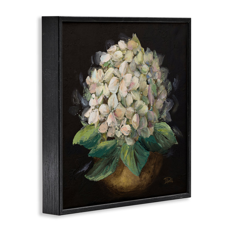 Art giclée en pot hortensia par Patricia Pinto, H 12 po x l 12 po, Giclée encadrée noir minuit