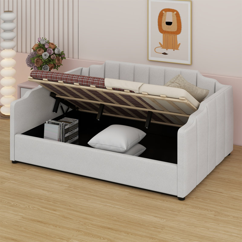 Lit de jour rembourré avec rangement inférieur, Beige