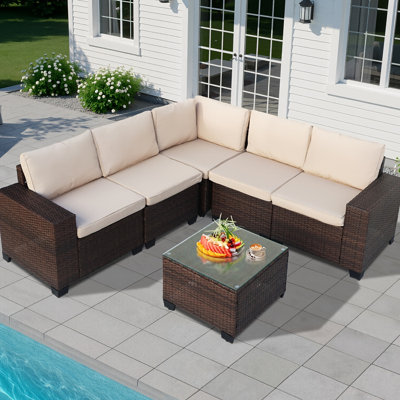 Outdoor Patio Furniture Set, 6pcs Wicker Sectional Sofa And Coffee Table, Plush Cushions, Rattan Patio Set For Porch, Garden, Or Backyard  - Patio Furniture Outdoor