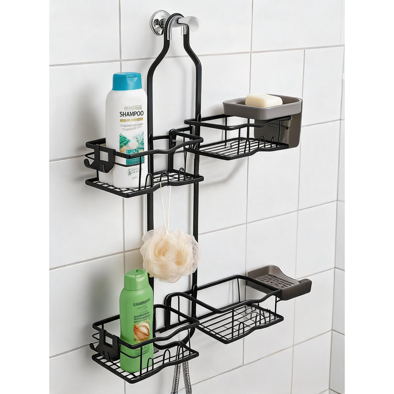 Tablette de douche suspendue antirouille, support de pomme de douche avec crochets et plateau à savon pour l'organisation de la salle de bain
