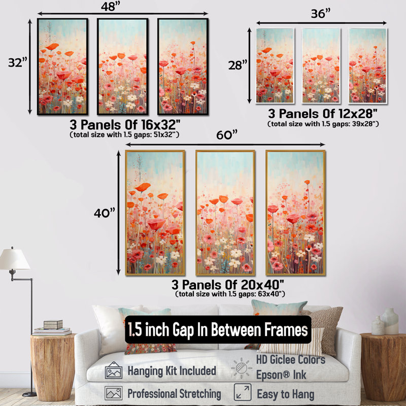 «Vibrant Floral Oasis Field II», ensemble d'art mural sur toile fleurie, Cadre naturel flottant, H 40 po x l 60 po x P 1 po