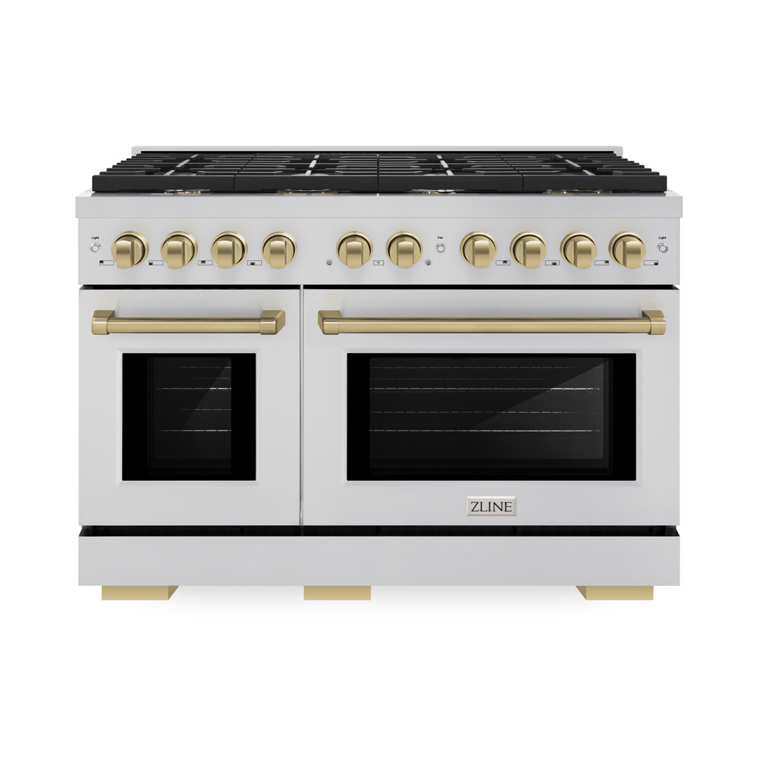 ZLINE Autograph Edition 48 in. 6.7 cu. ft. Paramount Double Oven Gas Range with 8 Burner Cooktop in Stainless Steel and Champagne Bronze Accents (SGRZ-48-CB) ZLINE