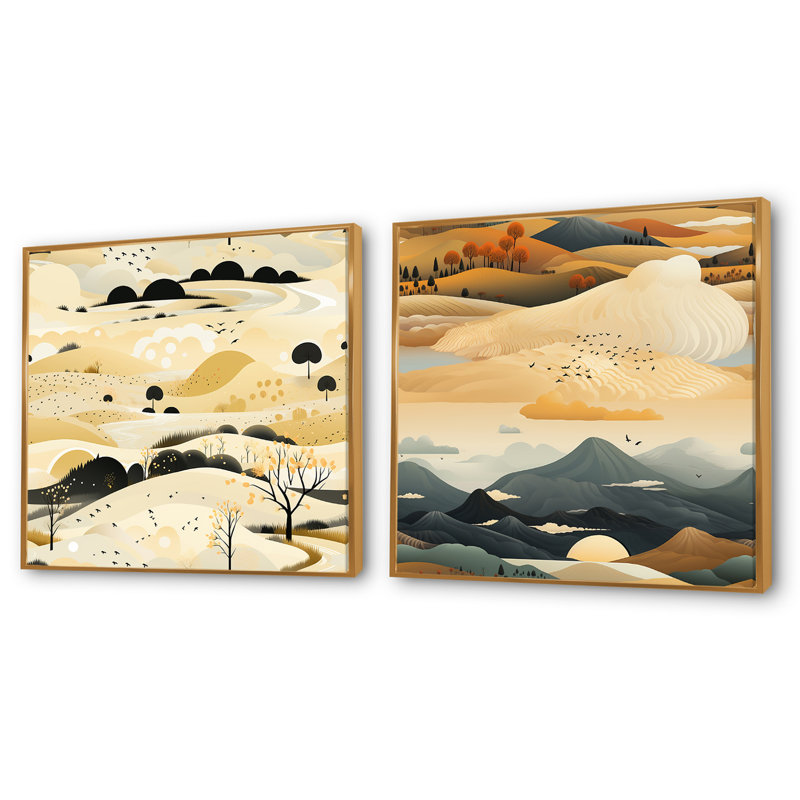 Marozas - Ensemble de 2 collages carrés abstraits, Cadre flottant doré, H 30 po x l 61 po