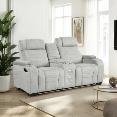 Denning 73" Modern & Contemporary Microfiber Double Reclining Love Seat with Wireless Speakers, LED Lighting, Storage Arms & Wall-Hugger Design