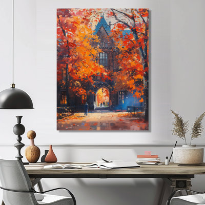«Red Yellow Autumn Campus College Chapel», impression d'art mural de bâtiments collégiaux et universitaires