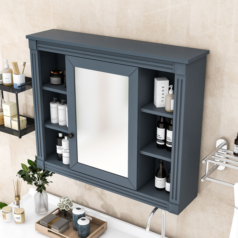 Armoire de salle de bain murale moderne Yanali avec miroir et rangement multi-tablettes, Bleu