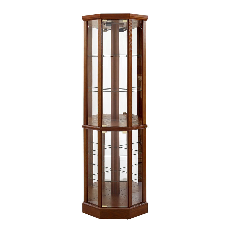 6 Tier Lighted Corner Curio Cabinet with Glass Shelves and Mirror Back, Cherry