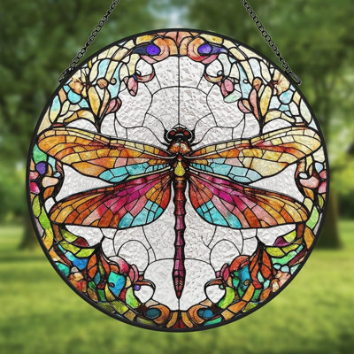 Dragonfly Stained Glass Circle Stained Glass Panels Suncatcher for Window Decor