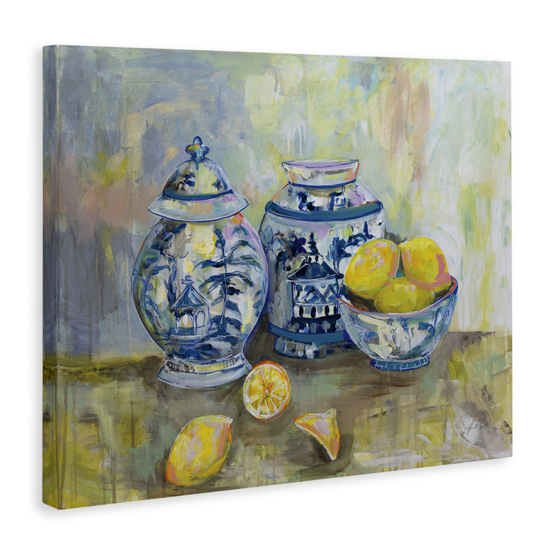 Citrons et poterie, peinture d'art classique sur toile par Jeanette Vertentes, H 30 po x l 40 po