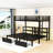 Full XL Over Twin And Twin L-Shaped Metal Bunk Bed With Built-In USB Outlets And Drawers