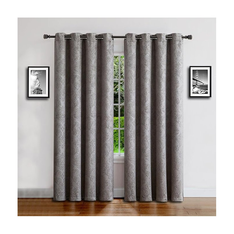 1 Pair (2 Panels) Of  Blackout Curtains With Embossed Textured Damask Flower Pattern in 5 Colors, Light Gray, 84"H x 54"W