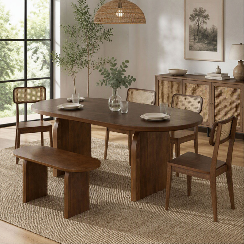 Ensemble de salle à manger 6 pièces avec banc et table de cuisine ovale pour 6 personnes, de style moderne, Brown, Brown