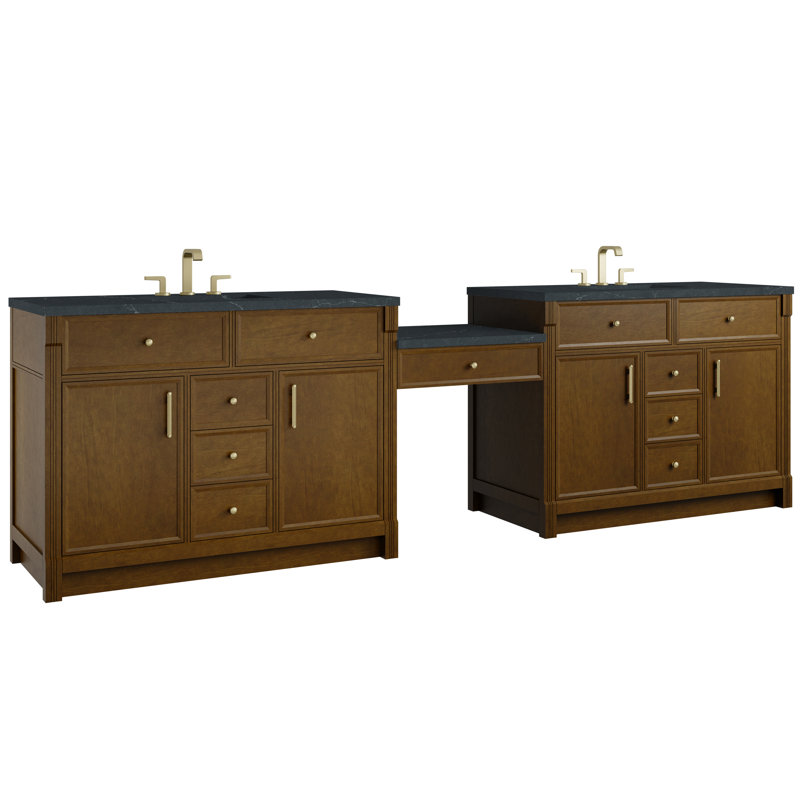 Bellshire 120" W Dual Vanity Set with 24" Make-Up Counter, 8" Widespread, Honey Oak, Charcoal Soapstone
