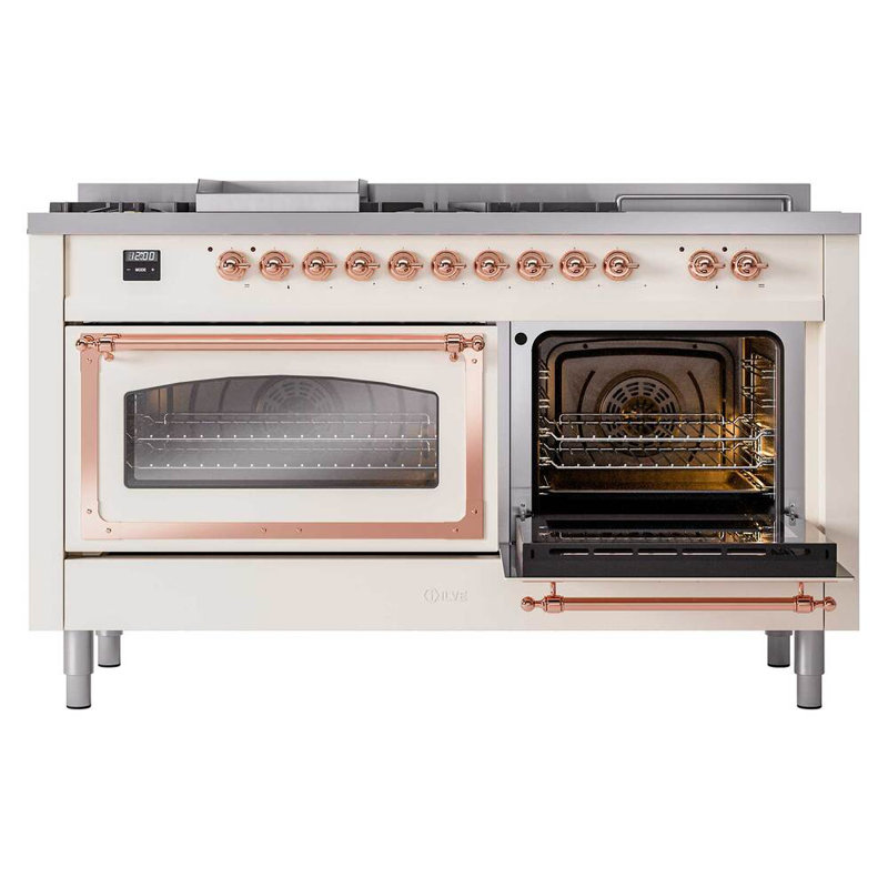 ILVE Nostalgie II Noblesse 60 in Dual Fuel Range 7 Burner, Griddle, Frenchtop, Antique White/Copper, Natural Gas