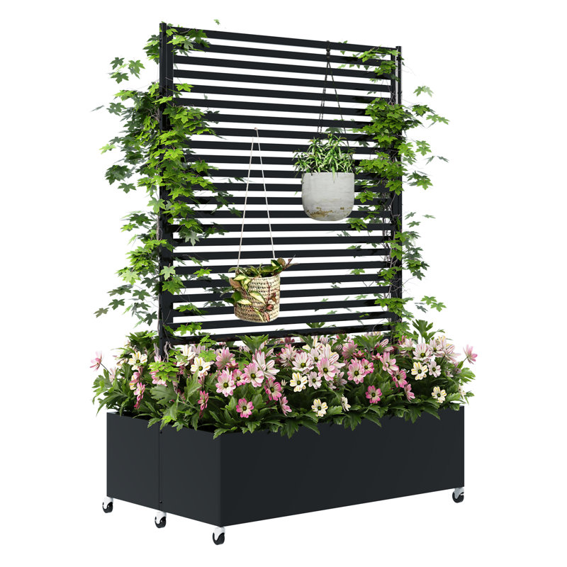 Boîte à fleurs d'extérieur en métal avec treillis et roues, Strip Black