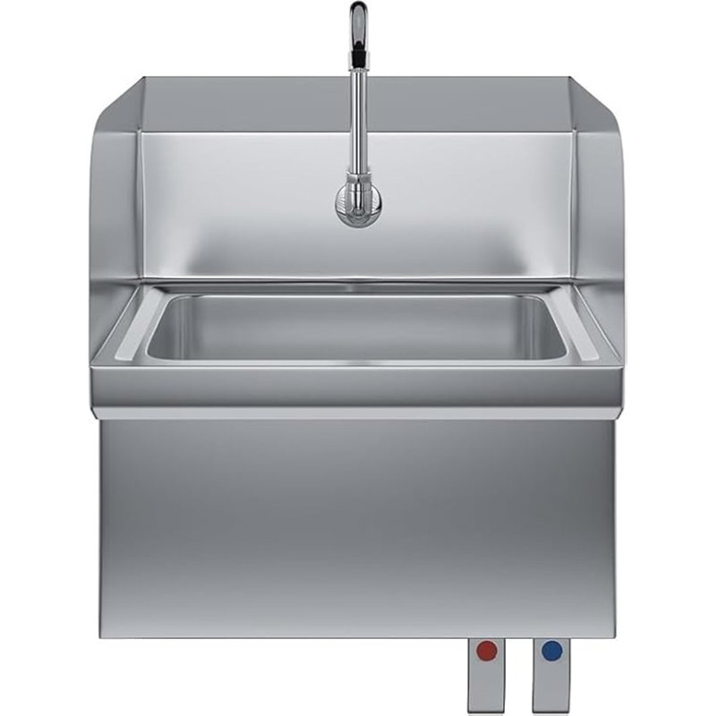 Lavabo mural en acier inoxydable avec double robinetterie au genou, robinet et protection antidouche, 43 cm L x 38 cm P
