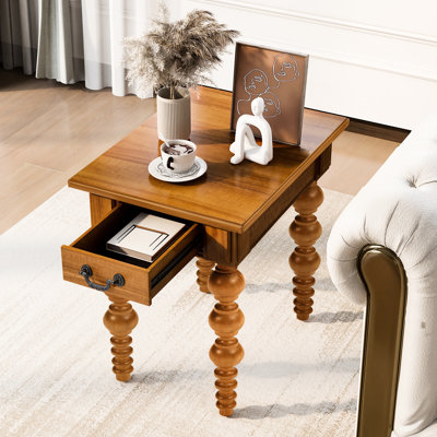Table de bout vintage étroite en bois massif avec tiroir, côté pour le salon, matériaux naturels de haute qualité, chaleur, conception à bulles sur les pieds, tiroir de rangement en bois naturel et en bois d'hévéa, assemblage rapide, idéal