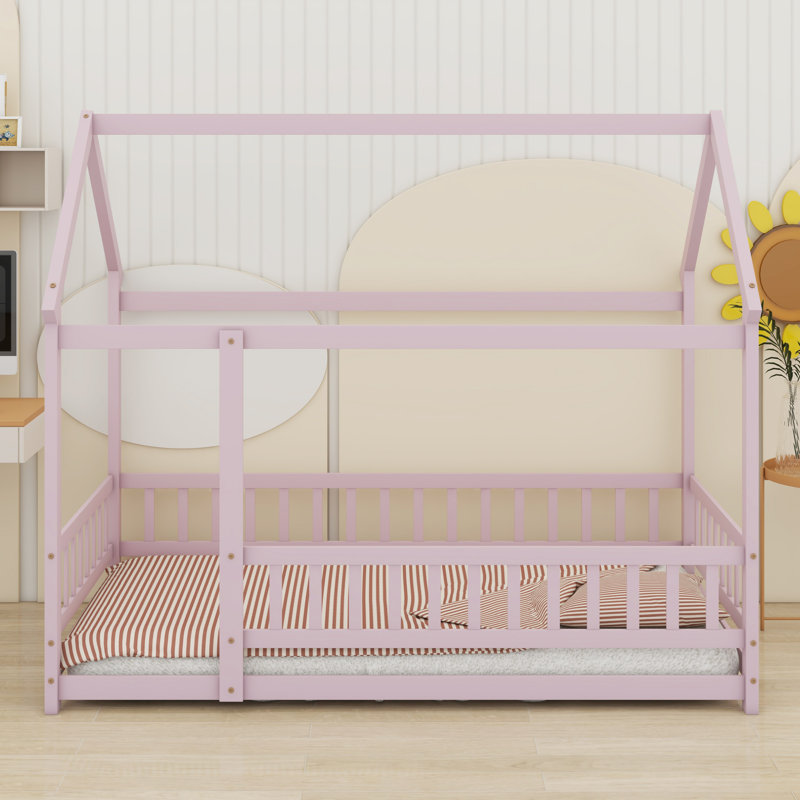 Lit en bois avec structure de toit et garde-corps de sécurité, Rose